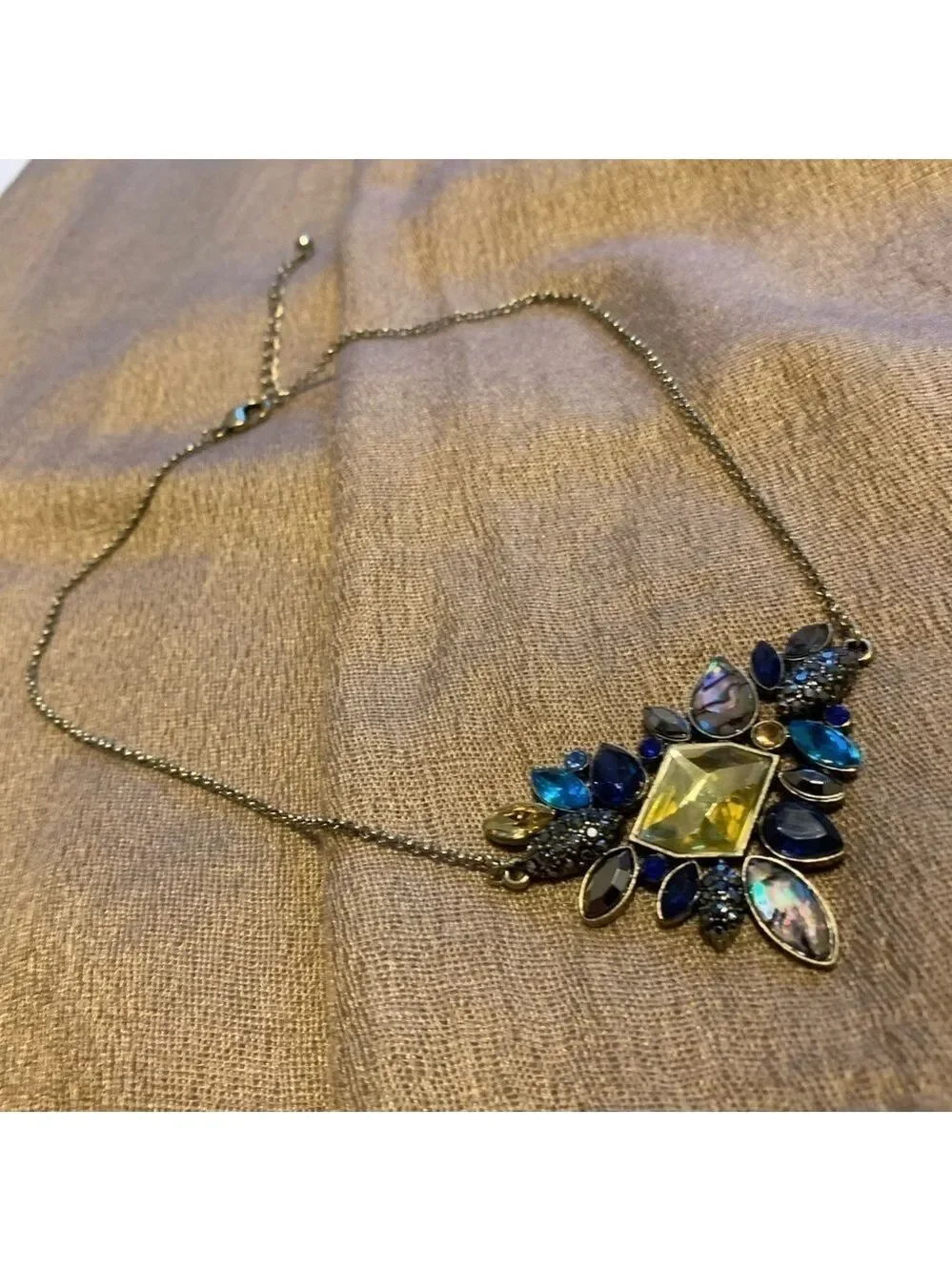 Jeweled statement necklace, blue gold abalone new prom formal dance glam